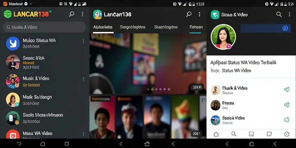 Screenshot utama LANCAR138 menampilkan antarmuka pengguna aplikasi Status WA Video.