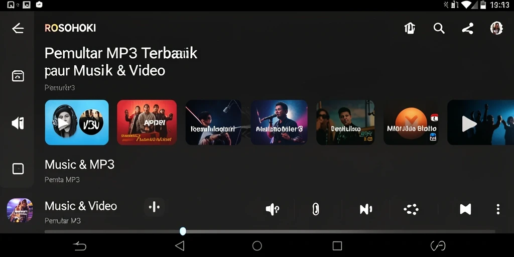 Antarmuka pengguna aplikasi Pemutar MP3 ROSOHOKI yang modern.