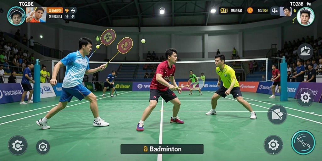 Antarmuka permainan TO288 menampilkan grafik badminton yang realistis dan menarik.